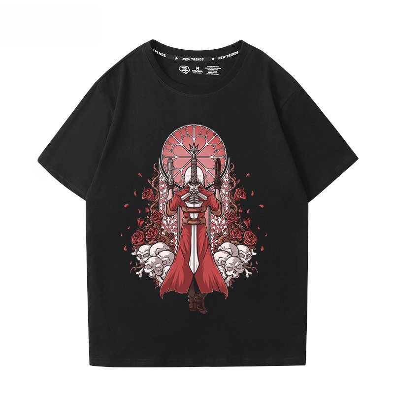 เสื้อยืดดำสไตล์ญี่ปุ่น Devil Cry พร้อมลายพิมพ์ Dante ทรงหลวมแขนสั้น