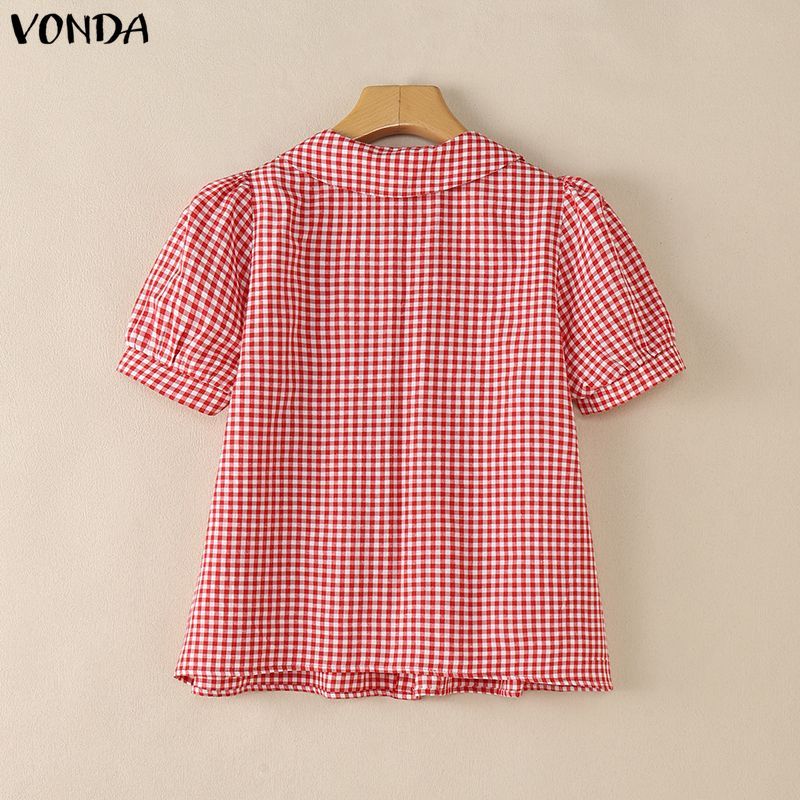 VONDA قميص نسائي كوري كاروهات بياقة دمية — صورة 8