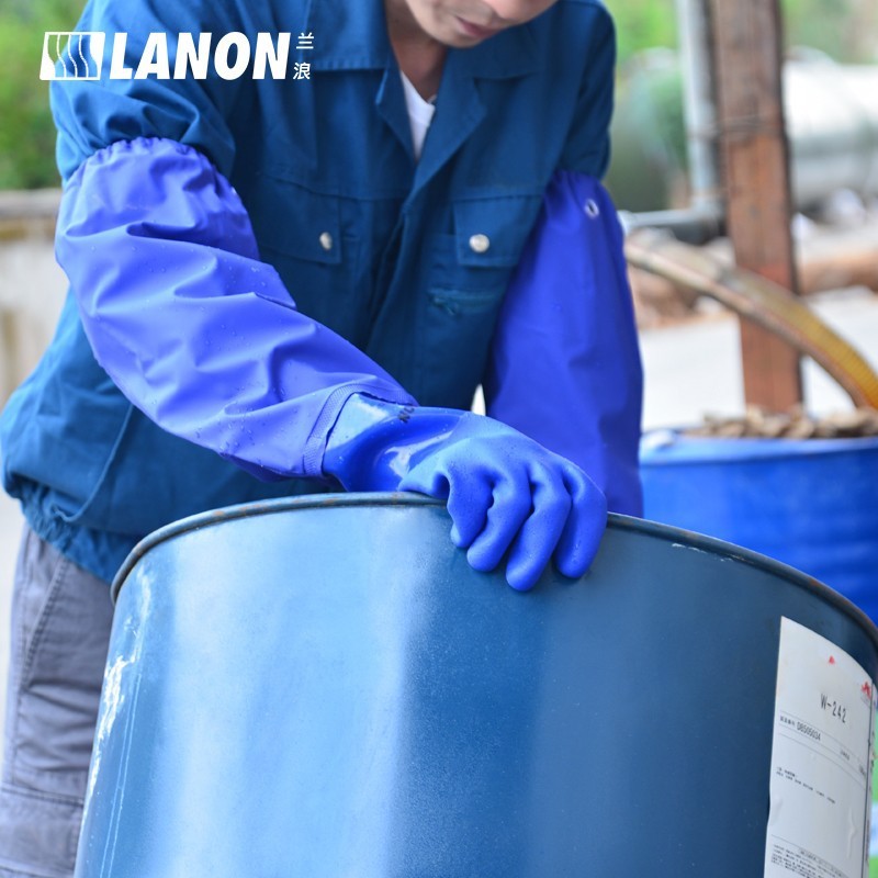 Lanlang 806SL PVC แขนขยายถุงมือ PVC น้ํามันทนกรดด่างผ้าฝ้ายซับกันน้ําป้องกันแรงงานถุงมือทนสารเคมี