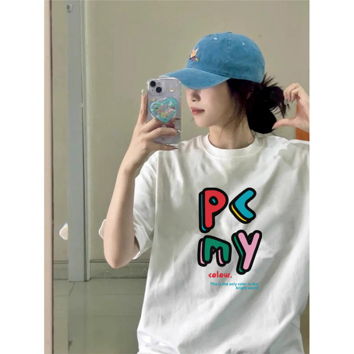 COD หลวมรอบคอ Slimmer ดูพิมพ์ผ้าฝ้าย Street สวมใส่เสื้อยืดผู้หญิงสไตล์ใหม่ขนาดใหญ่ฤดูร้อน Niche All-