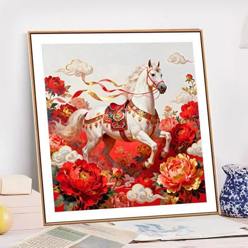 ปักครอสติสสไตล์ใหม่ดอกโบตั๋นสีแดงงานรื่นเริงม้าสีขาวชุดราศีปีม้าโชคดีมือเย็บปักถักร้อย - รูปที่ 3