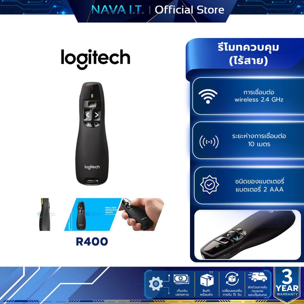 LOGITECH R400 PRESENTER REMOTE (รีโมทควบคุมคำสั่งไร้สาย) PRESEN WIRELESS CORDLESS