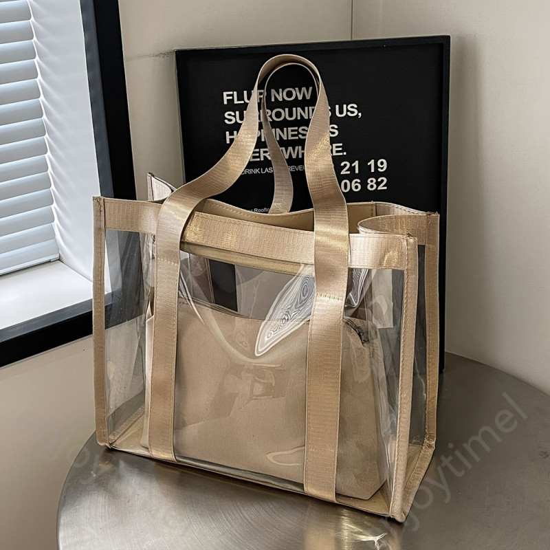 กระเป๋าโท้ต PVC โปร่งใสพร้อมช่องซิปสำหรับผู้หญิง กระเป๋าถือสีพื้นสำหรับวันหยุดชายหาดสำหรับทำงาน