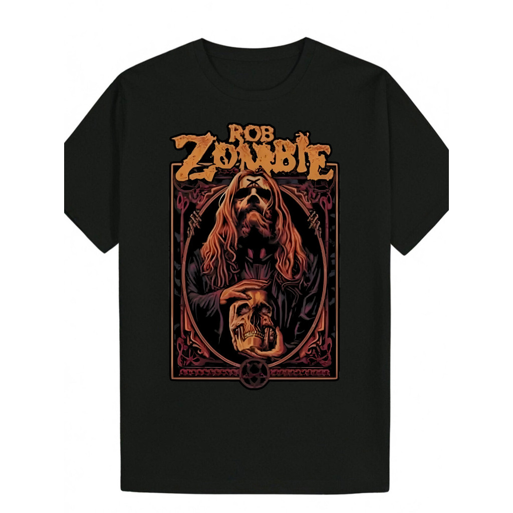 [Rob Zombie Tee] Rob Zombie Mens Graphic T-Shirt | สีดําลําลองแขนสั้นคอกลมโพลีเอสเตอร์ทีกับกะโหลกภาพ