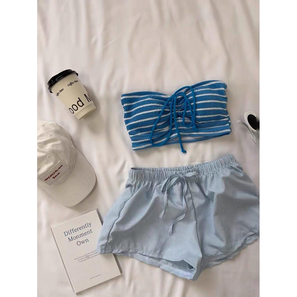 Biniki เกาหลี ins Retro ลาย Halter คอด้านบนบิกินี่สาวเซ็กซี่ Seaside Vacation แยกชุดว่ายน้ํา Biniki 