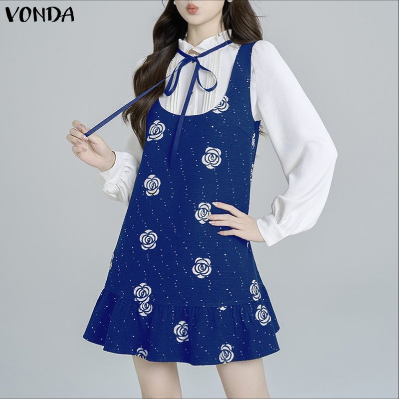 VONDA ผู้หญิงเกาหลี Girlish Stand-Up Collar, แขนยาว, ตัดแต่งหูสีดํา, กุทัณฑ์สีตัดกันและจีบดอกไม้ชุดปลอมสองชิ้น — صورة 6