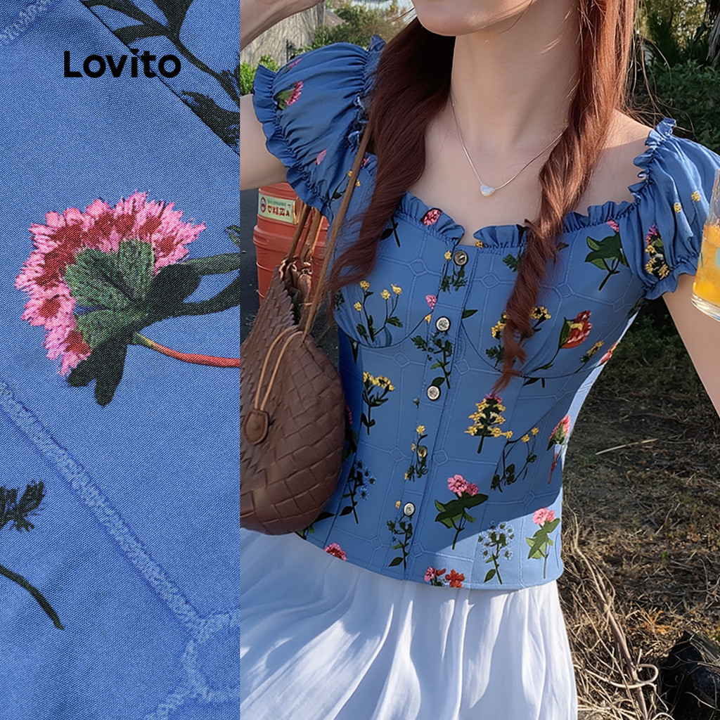 Lovito เสื้อเชิ้ตลายดอกไม้สุดน่ารัก เปิดคอระหงส์รุ้งสำหรับผู้หญิง ช่วงฤดูใบไม้ผลิ/ฤดูร้อน L151AD407
