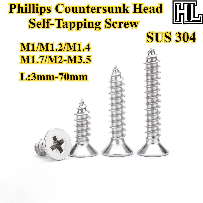 [HL-ZGLS] SUS304, สกรูแตะตัวเองหัวแฉก, M1/M1.2/M1.4/M1.7/M2-M3.5, สกรูหางแหลมหัวแบนแบบไขว้, ความยาว 3 มม.-70 มม., สกรูไม้ตกแต่ง