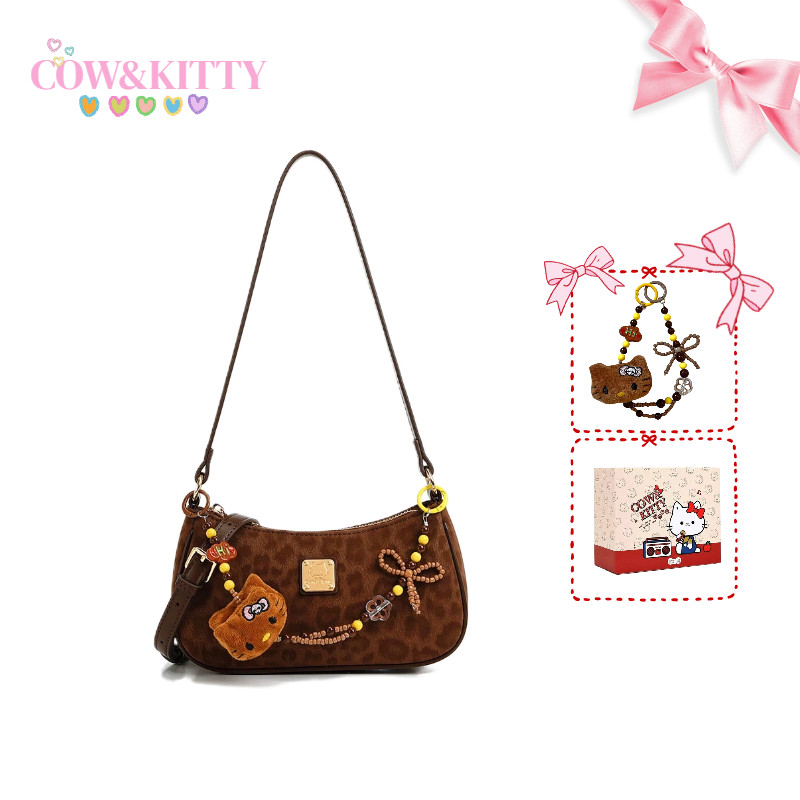 Cow&Kitty กระเป๋าสะพายข้างดีไซน์ครึ่งวงเดือน สีน้ำตาล พิมพ์ลายเสือดาว