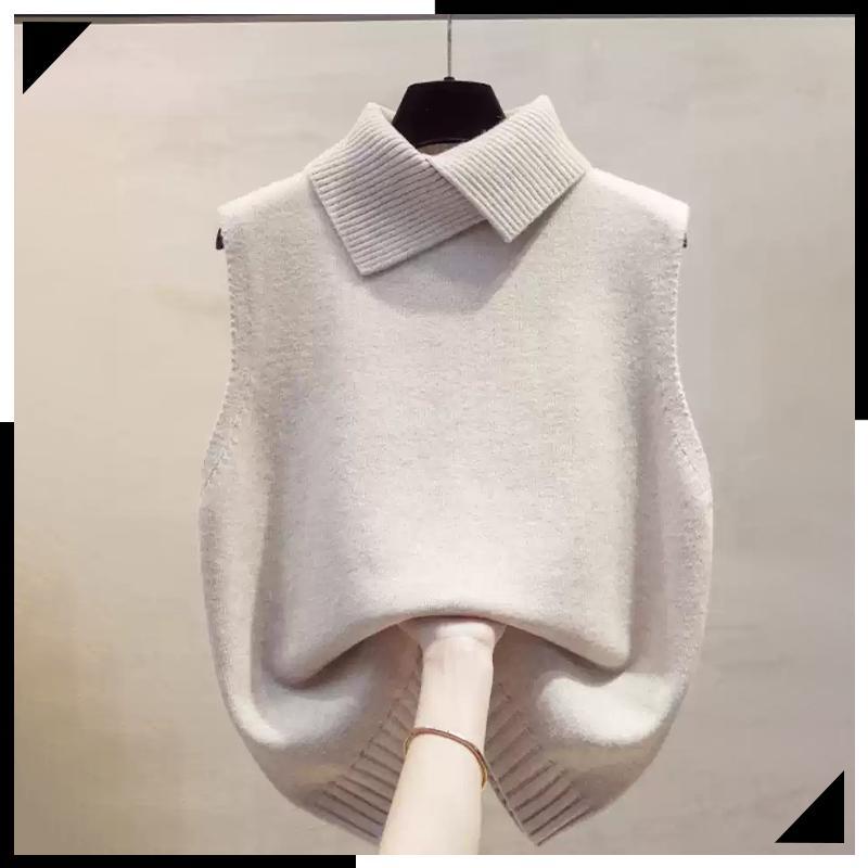 Ady】เสื้อกั๊กถักอเนกประสงค์แขนกุดคอปกสีพื้นสไตล์เกาหลีสำหรับผู้หญิงฤดูใบไม้ร่วงฤดูหนาว