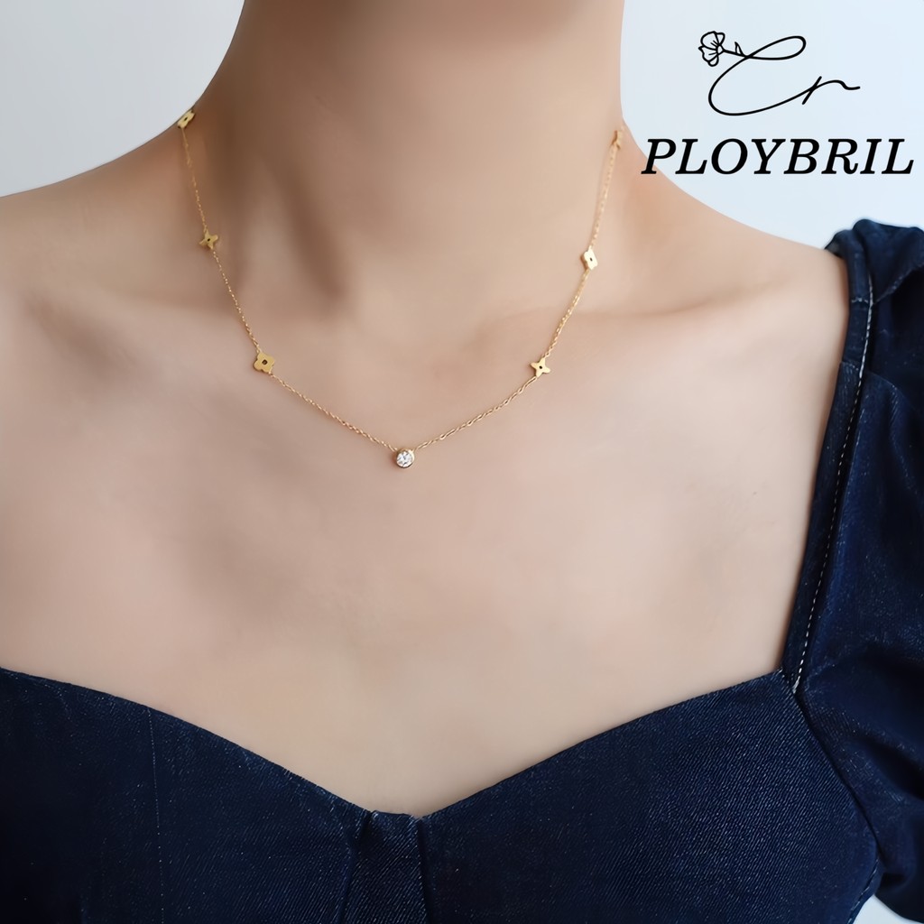 PLOYBRIL สร้อยคอดอกไม้ประดับเพชร สไตล์มินิมอล เหล็กไทเทเนียมไม่ลอกสี X041