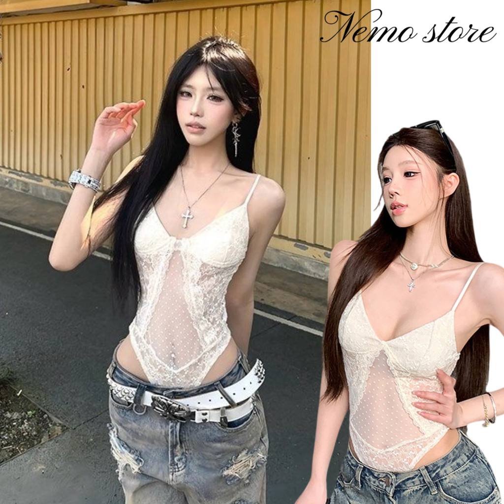 Nemo store #FY5078 ชุดบอดี้สูท รัดรูปลายลุกไม้สีครีม ซรีทรูเบาๆ