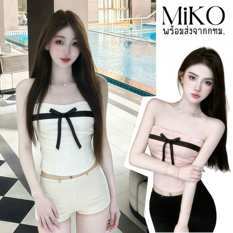 Miko พร้อมส่ง🌺 เสื้อกล้ามสายรัสสไตล์อเมริกัน ✨ ลายโครงกระดูกปลา โบว์สีตัดกันหน้า หวานเซ็กซี่ สาวแซ่บ ไม่มีโซ่ไหล่