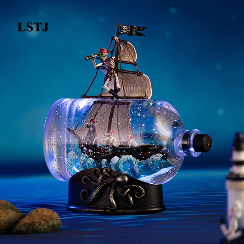 [Lstjj] Caribbean Pirate Model Ship in A Bottle,Fluid Liquid Drift Bottle,ตกแต่งบ้าน,Table Top Nauti