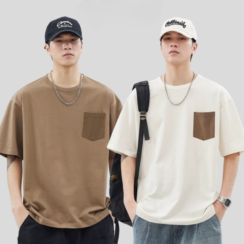 Chaistyle แขนสั้นผู้ชายสไตล์ญี่ปุ่น เสื้อยืดแขนสั้น คอกลม มีกระเป๋า แฟชั่นเรียบง่าย