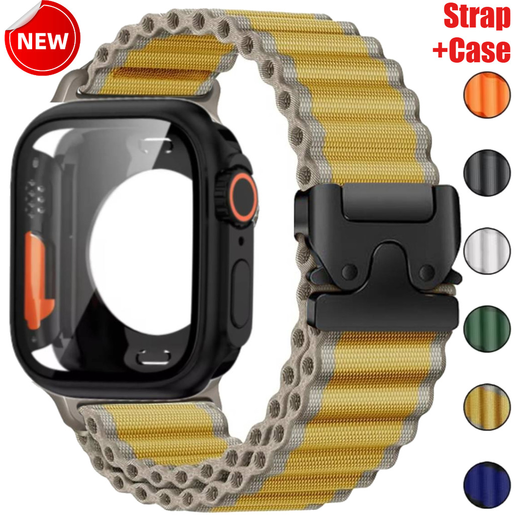2-in1 Strap + Case Trail Nylon Loop Band กระจกนิรภัยป้องกันหน้าจอสําหรับ Apple Watch S11 46 มม.42 มม.44 มม.45 มม.40 มม.41 มม.IWatch Series 11 10 9 8 7 6 SE 5 4 se3