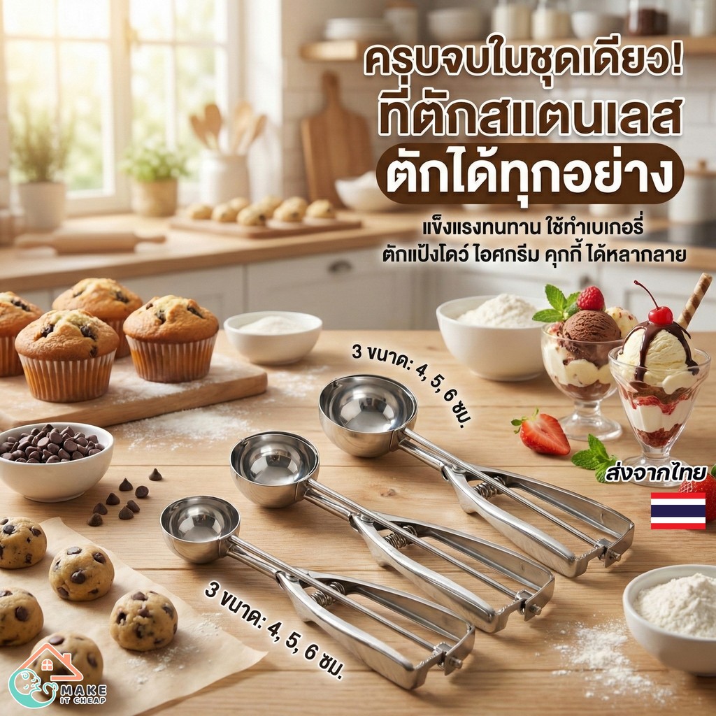 ที่ตักไอศกรีมสแตนเลสแบบมีสปริง กดปล่อยอัตโนมัติ ขนาด 4-6 ซม. ใช้ตักไอติม คุกกี้ หรือแป้งขนม