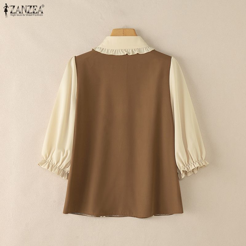 ZANZEA ชุดกระโปรงสไตล์เกาหลีสำหรับผู้หญิง ดีไซน์ตุ๊กตา แขนสั้น มีระบายและขอบข้อมือตัดกัน - รูปที่ 6