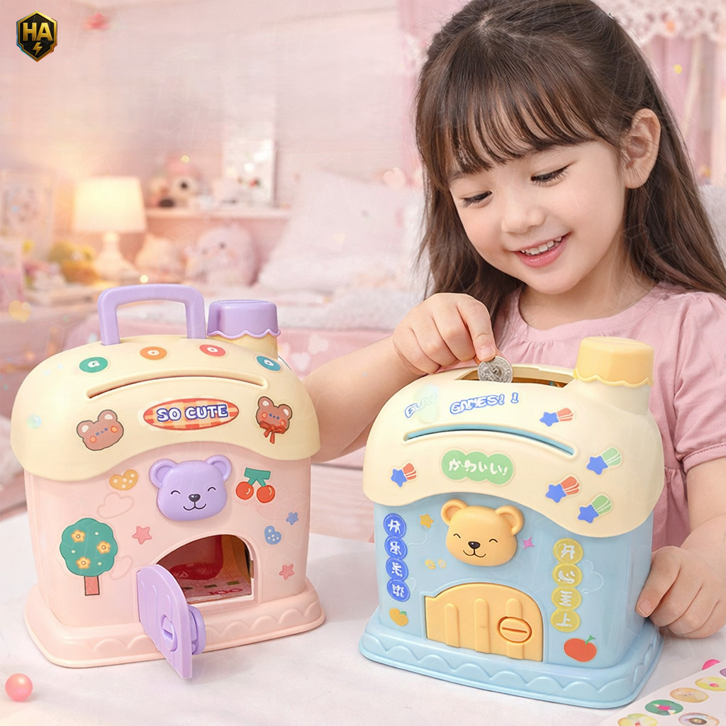 พร้อมส่ง บ้านออมสินทรงบ้านน่ารัก มีกุญแจล็อก+หูหิ้ว แถมสติกเกอร์ DIY กระปุกออมสินเด็ก วางโต๊ะได้ พกพาสะดวก