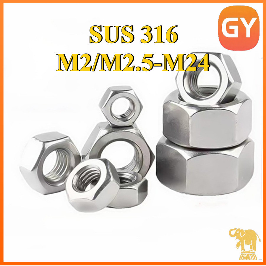 หัวน็อต ตัวเมีย หกเหลี่ยม สแตนเลส 316 เกลียวมิล หยาบ M2/M2.5-M24/ SUS316 DIN934 [GYYY-TG]