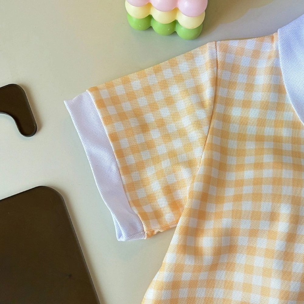 เสื้อโปโลลายตารางหมากรุกสำหรับเด็กผู้หญิง 2 ชิ้น ชุดลำลองฤดูร้อน เสื้อมีปก - รูปที่ 5