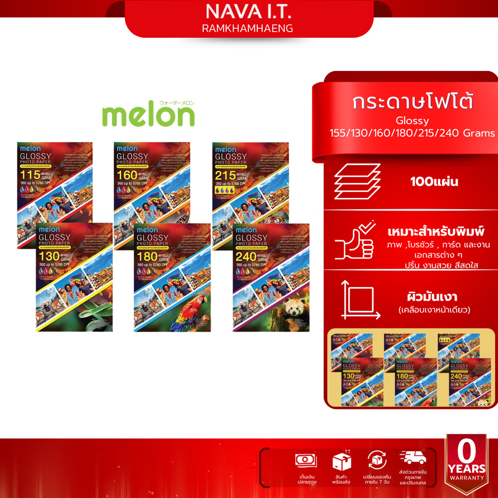 MELON GLOSSY PHOTO PAPER 155/130/160/180/215/240 Grams (100 แผ่น) กระดาษโฟโต้