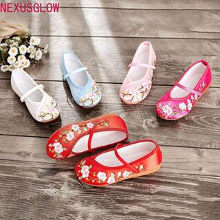 รองเท้าเต้นรำเด็กผู้หญิง ผ้าซาตินปักดอกไม้ พื้นนิ่ม สไตล์ชาต…