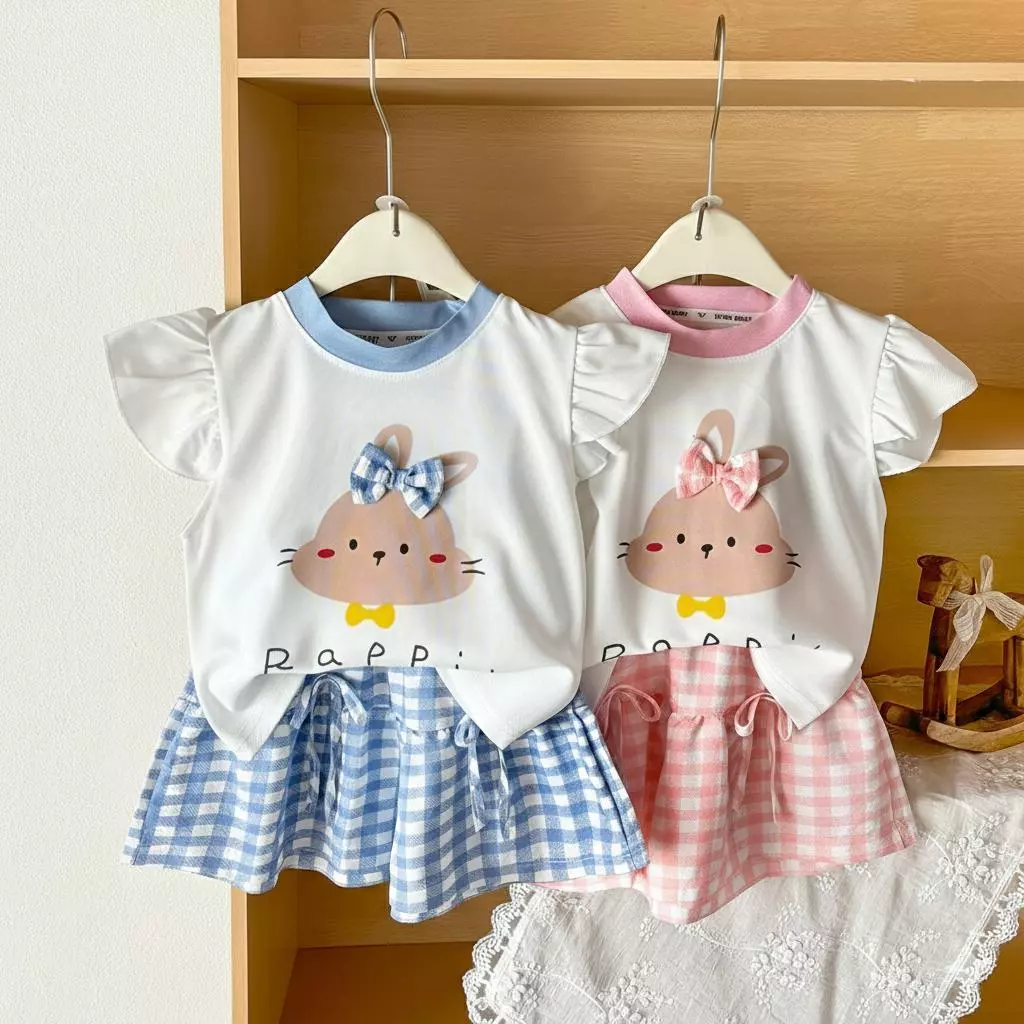 MooDeng Baby ชุดเซต เด็กหญิง แขนระบบาย ลายกระต่าย คอกลม กางเกงขาสั้น ลายสก๊อต thumbnail 6
