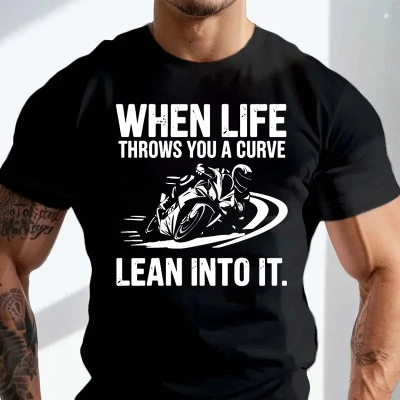 เสื้อยืดมอเตอร์ไซค์ผู้ชาย พิมพ์ลายด้านหลัง ลาย "Life Throws A Curve Lean Into It" และลาย "Rider" คอโ