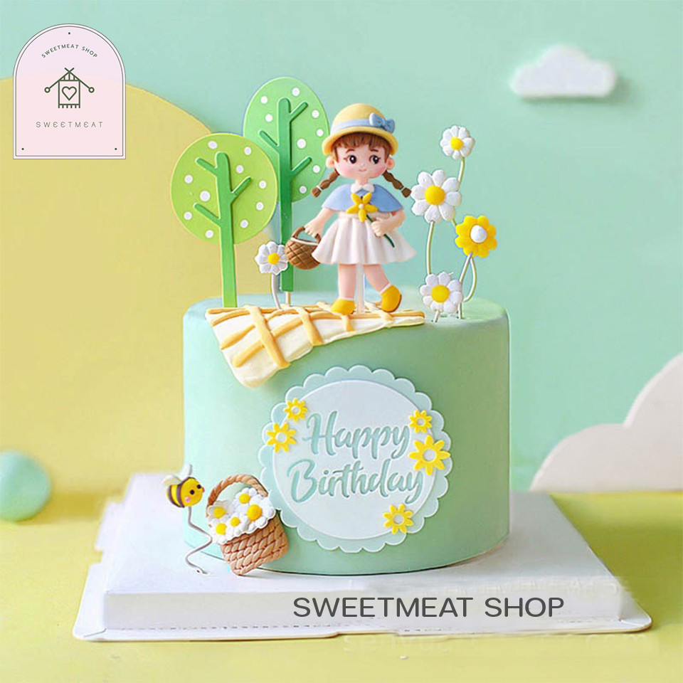 [พร้อมส่งจากไทย ] ตุ๊กตาแต่งเค้กวันเกิด ตุ๊กตาเด็กผู้หญิง ป้ายHappy birthday