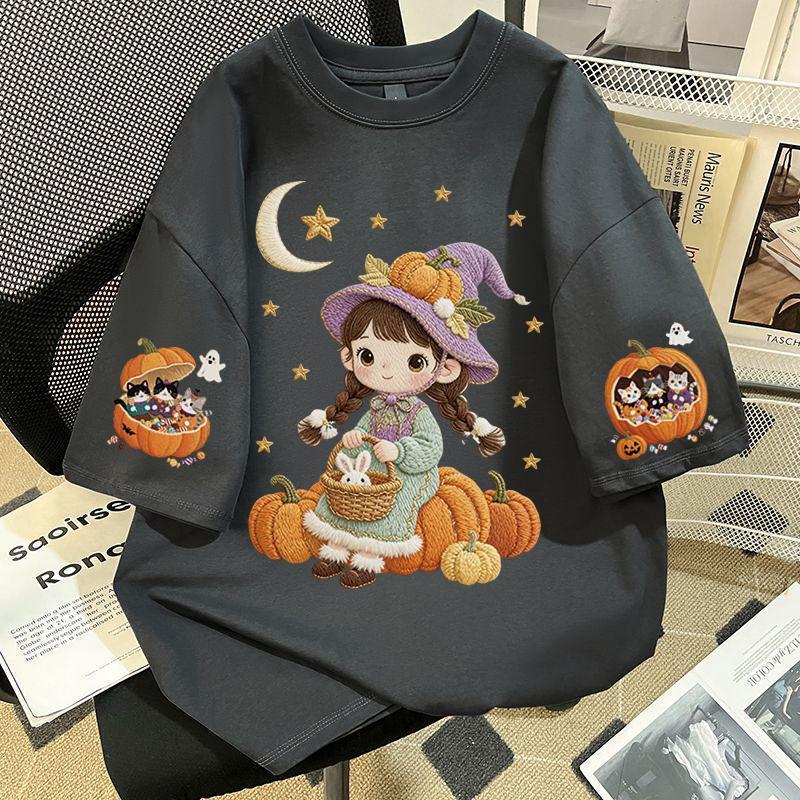 🌷Top.basic🌷เสื้อน่ารักแขนสั้น คอกลม t shirt oversize cotton ใส่สบาย สไตล์ลำลอง 'Pumpkin girl' 3XL【COD】