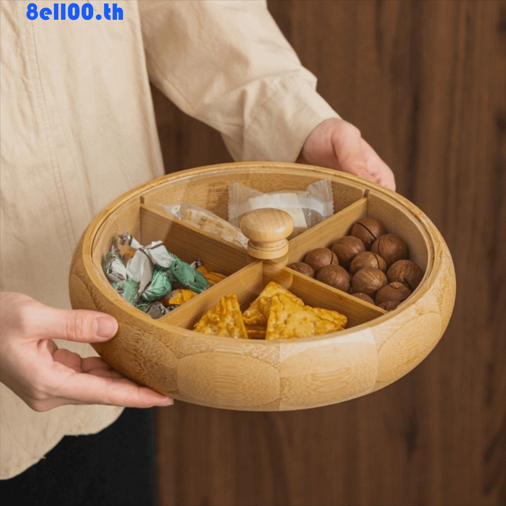 DARNELLYA Nut Platter, Round Chinese Retro Snackเสิร์ฟถาด, Platter 4-Compartment Wooden Snack Organi
