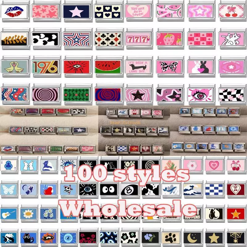 แฟชั่น Star Eye มือแตงโมริมฝีปากหัวใจส่วนบุคคล DIY อิตาเลี่ยน Charm Links Fit 9 มม.สร้อยข้อมือสแตนเลสทําเครื่องประดับ