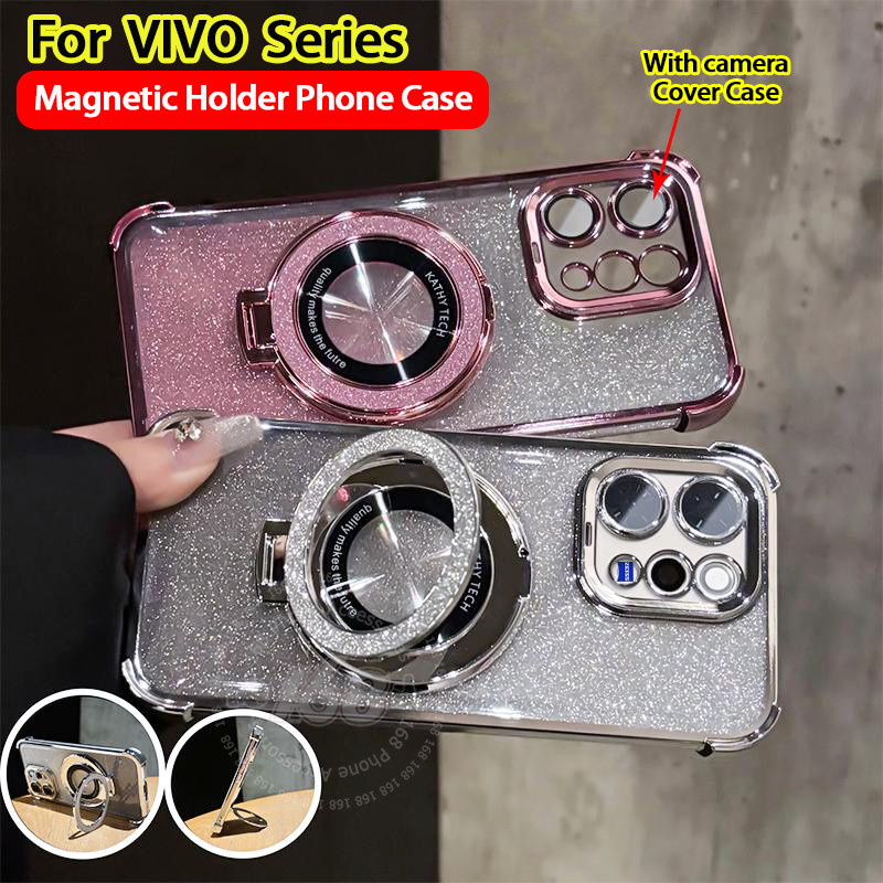 เคส Vivo V70 เคส Vivo V70 FE Case เคสแบบใส เจลใสกลิตเตอร์ กันกระแทก พร้อมฝาครอบเลนส์กล้อง แท่นวางมือถือแม่เหล็ก ปกป้องโทรศัพท์ สำหรับผู้หญิงและผู้ชาย