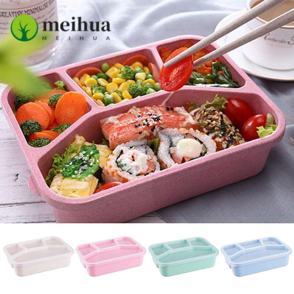 MEIHUA กล่องอาหารกลางวันสไตล์ Japes, ช่องพลาสติก 4 ตาราง Bento, เตาอบไมโครเวฟ Leakproof Multicolor ก