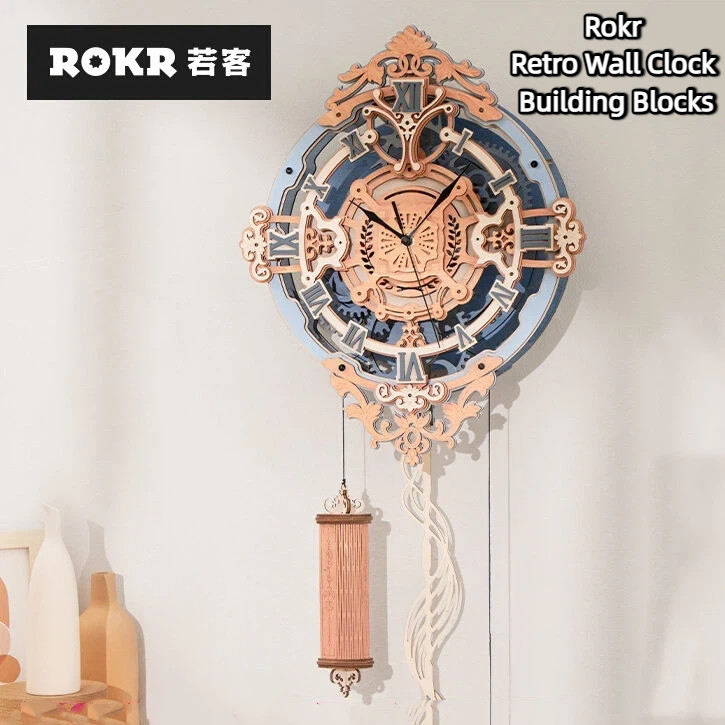 Rokr Retro Wall Clock Building Blocks Roman Notes ยุโรปปริศนาไม้ Hand-Assembled รุ่นของเล่นเครื่องประดับ Building Block ของขวัญ