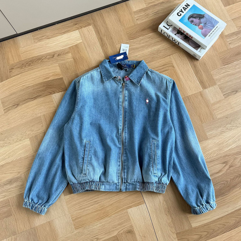 JYGW RRL แจ็คเก็ตยีนส์ผู้หญิง Pony Label ฤดูใบไม้ผลิฤดูใบไม้ร่วงแจ็คเก็ตล้าง Retro Distressed Zipper