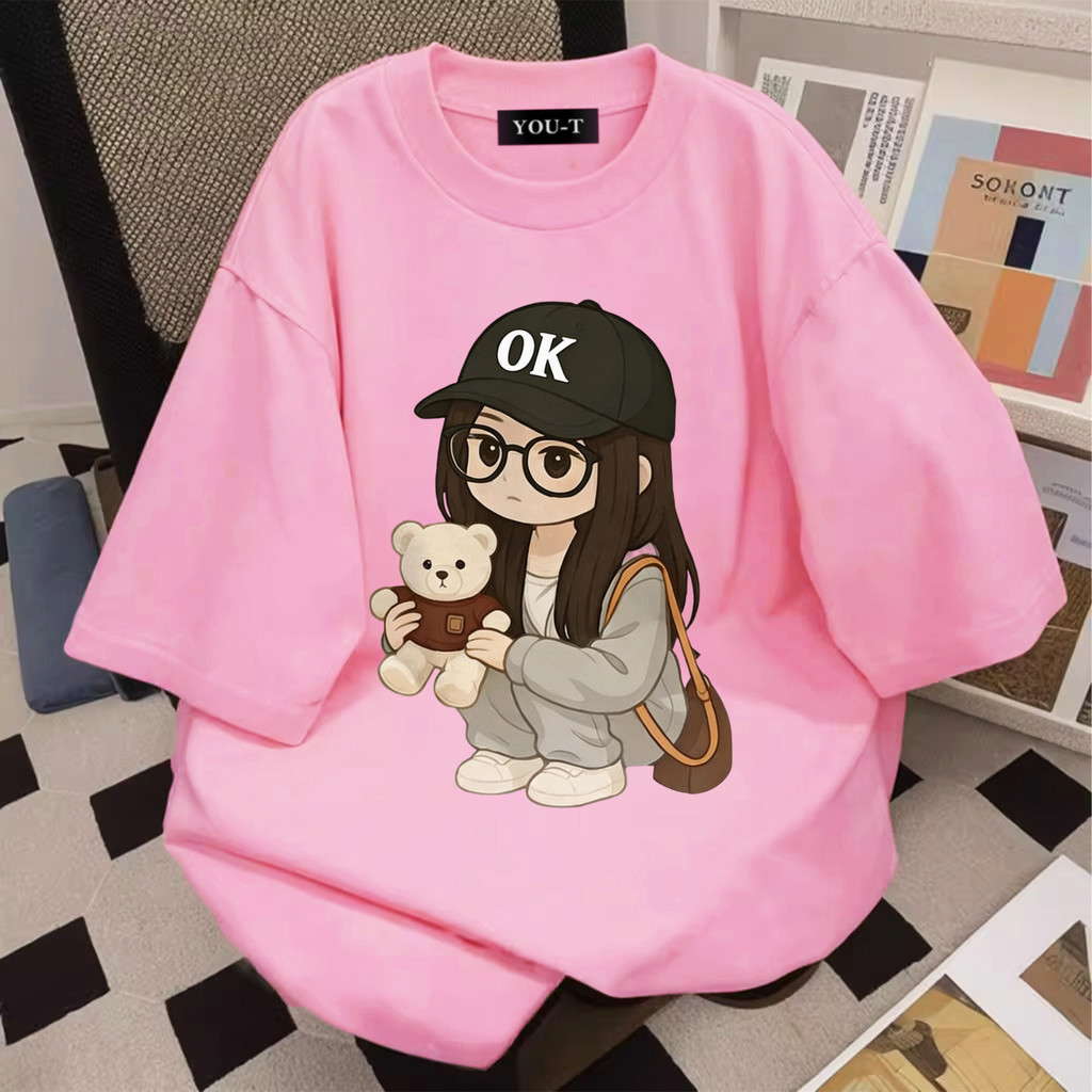 YOU-T เสื้อแฟชั่น ใส่สบาย เสื้อยืดแขนสั้น ลาย เสื้อ"Okgirl Bear" ผ้านิ่ม OVERSIZE แฟชั่น ผ้าฝ้าย 100% สไตล์เกาหลี