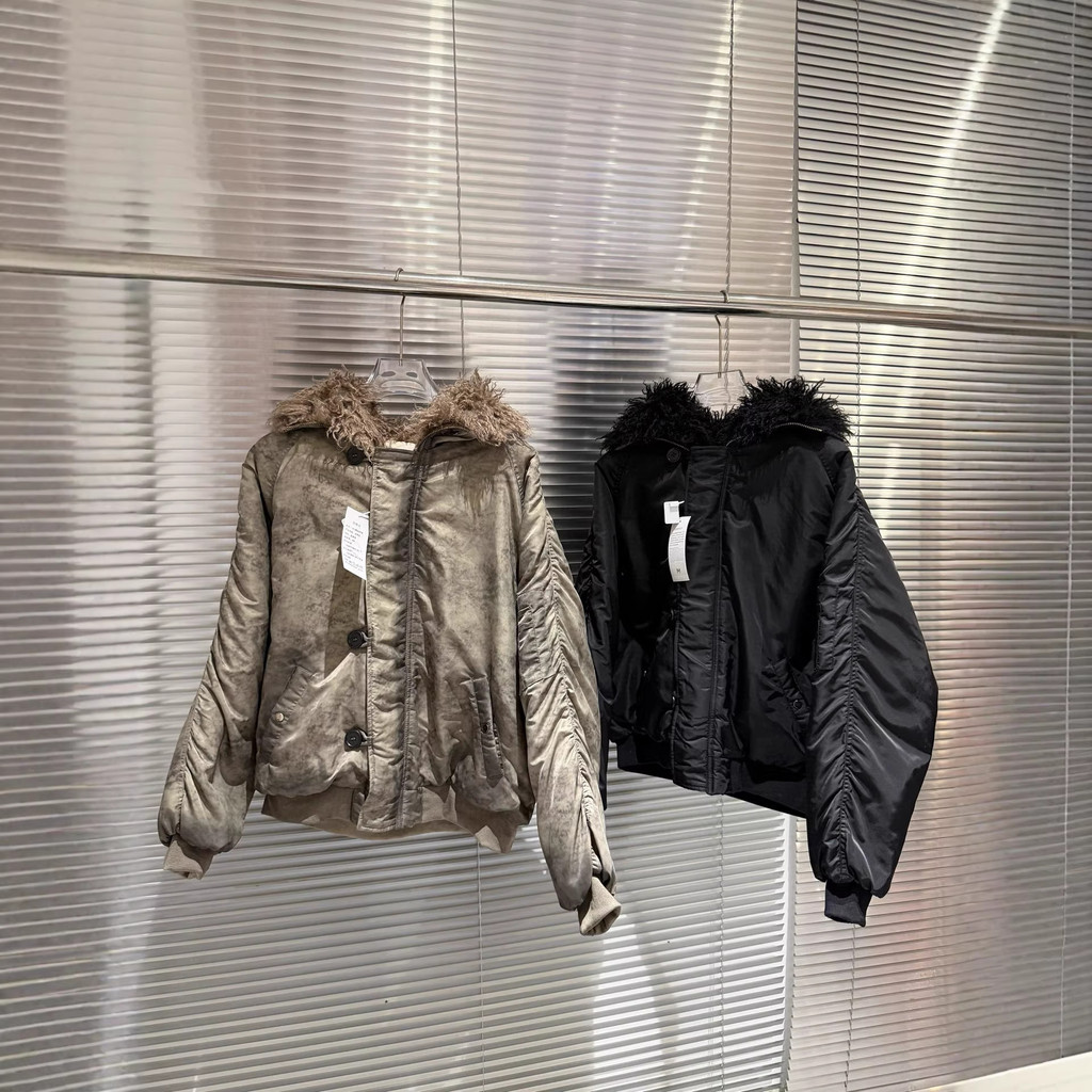 K I1K ไม่มี faith Fur Collar Hooded Flight Jacket Heavy Industry ล้าง Distressed Bomber Cotton Jacke