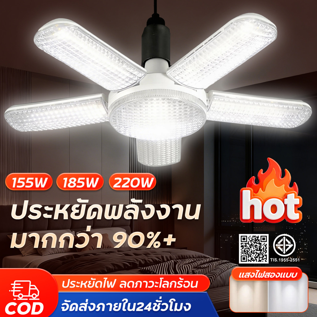 หลอดไฟพับ หลอดไฟ LED 155W 220W 450W ทรงใบพัด ขั้ว E27 ปรับมุมแสงได้ตามต้องการ พับได้ ประหยัดพลังงานสูง ใช้งานยาวนาน