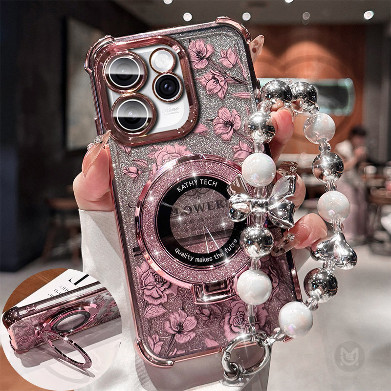 ปลอกสําหรับ OPPO Reno 13 14 15 Pro Max 15F 14F 13F 5G Glitter แม่เหล็กไร้สายชาร์จ Bracket กรณีพร้อมสร้อยข้อมือ