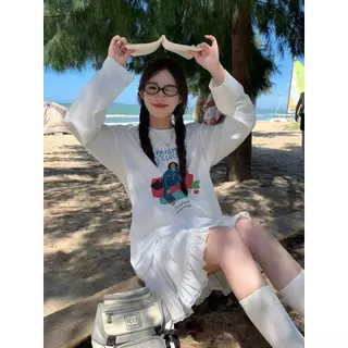 ส่งไวจากไทย เสื้อยืดผู้หญิง แขนยาว พิมพ์ลาย ทรงหลวม ใส่สบาย กันแดด ปาดไหล่ Lalita