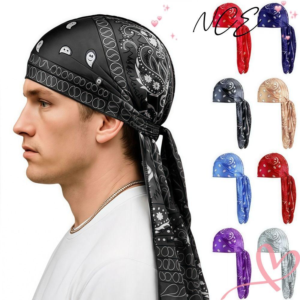 NCE Mens Headscarf, Breathable Amoeba พิมพ์หมวกโจรสลัดหางยาว, แนวโน้มผ้าไหมเลียนแบบคลื่นน้ําหนักเบาพิมพ์หมวกฮิปฮอปกลางแจ้ง
