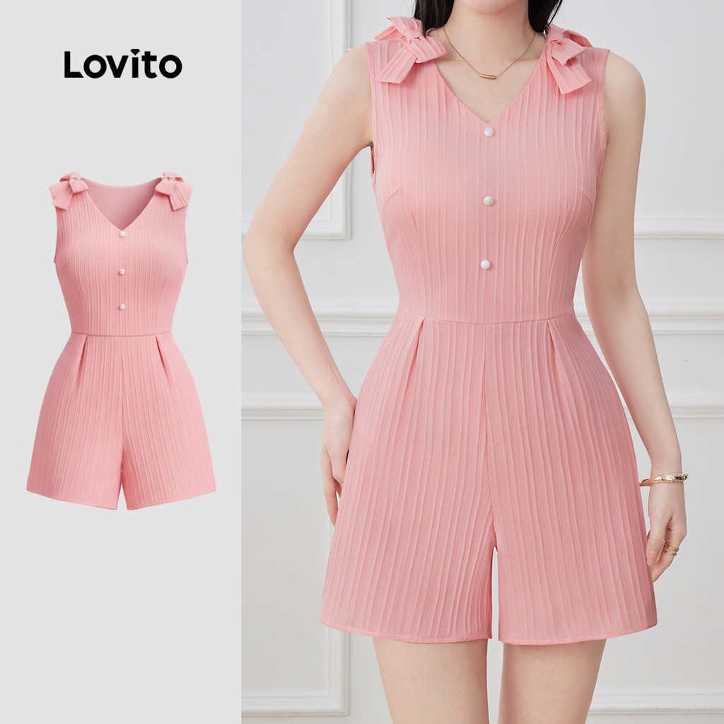 Lovito  จั๊มสูทสีชมพูสําหรับผู้หญิง สไตล์สปริง/ซัมเมอร์ ตกแต่งโบว์ซิปสุดเก๋ L178LD107