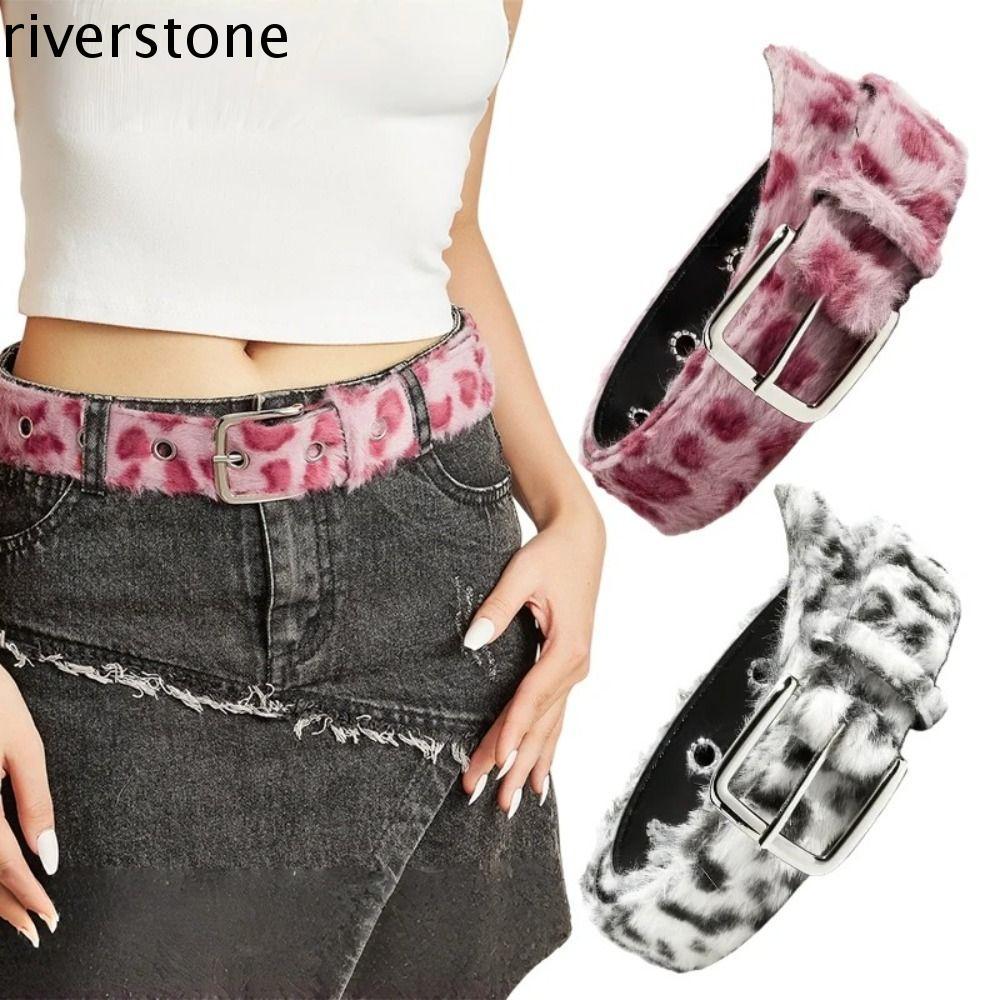 RIVERSTONE เข็มขัดพิมพ์ลายเสือดาว สไตล์เกาหลี Retro Y2K สีชมพู หนังปลอมขนฟูก สำหรับแมทช์กางเกงยีนส์เอวปุย