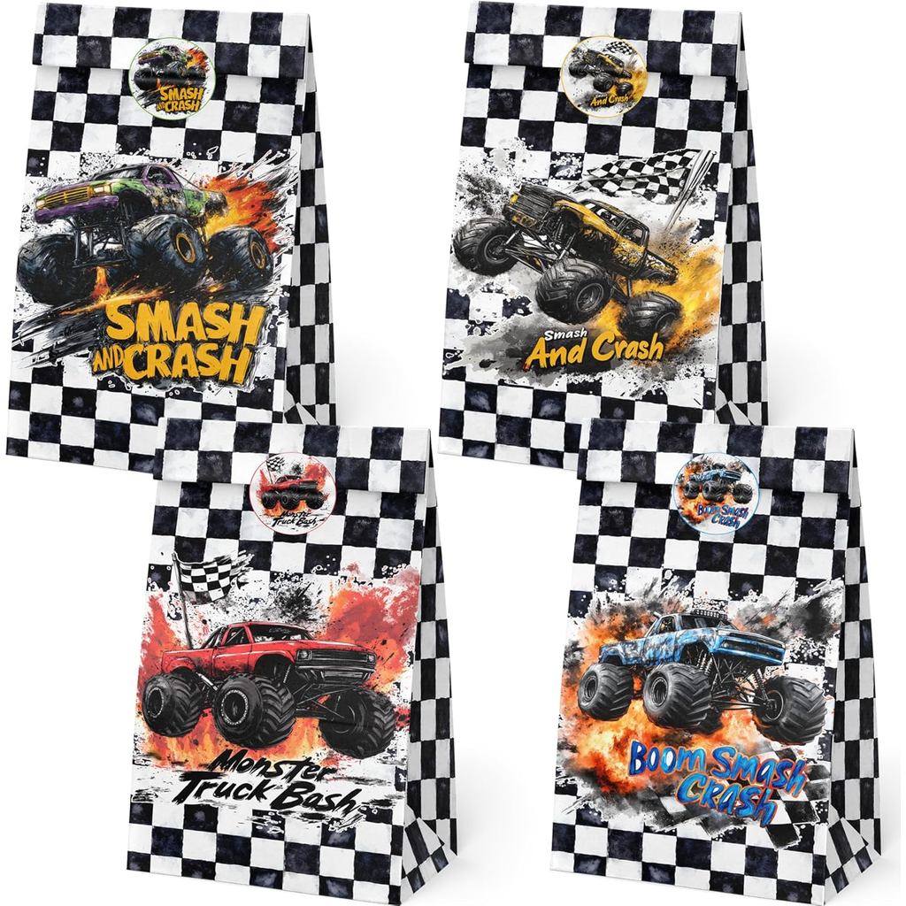 BonBeeDesign Monster Truck Party Favor Bags, 24 Pack Truck Goodie Bags พร้อมสติ๊กเกอร์สําหรับตกแต่งง