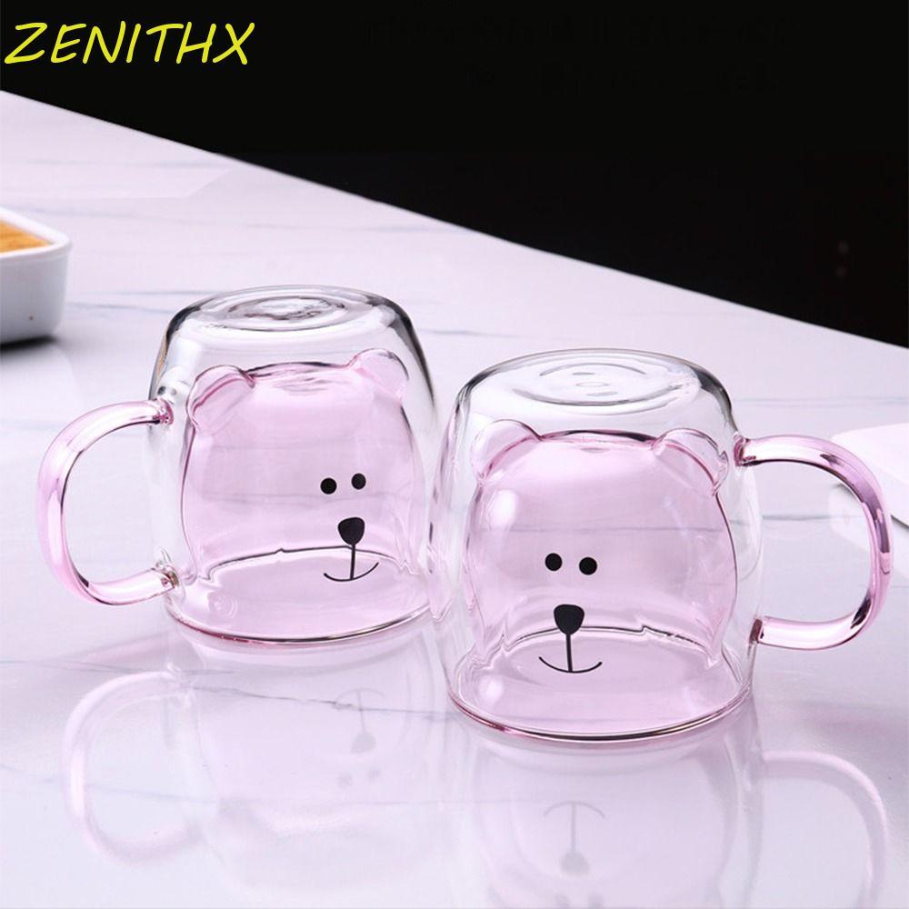 ZENITHX ถ้วยแก้ว, 250ml พร้อมที่จับ แก้วหมีน่ารัก ของขวัญแบบพกพาการ์ตูนสัตว์แก้วกาแฟสองชั้นอุปกรณ์ดื่ม