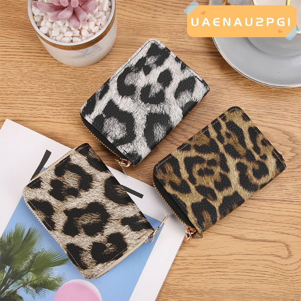 UAENAU2PG1 Slim Small Wallet, PU Leather Zipper Design Women Short Wallet, Leopard Pattern Large Cap