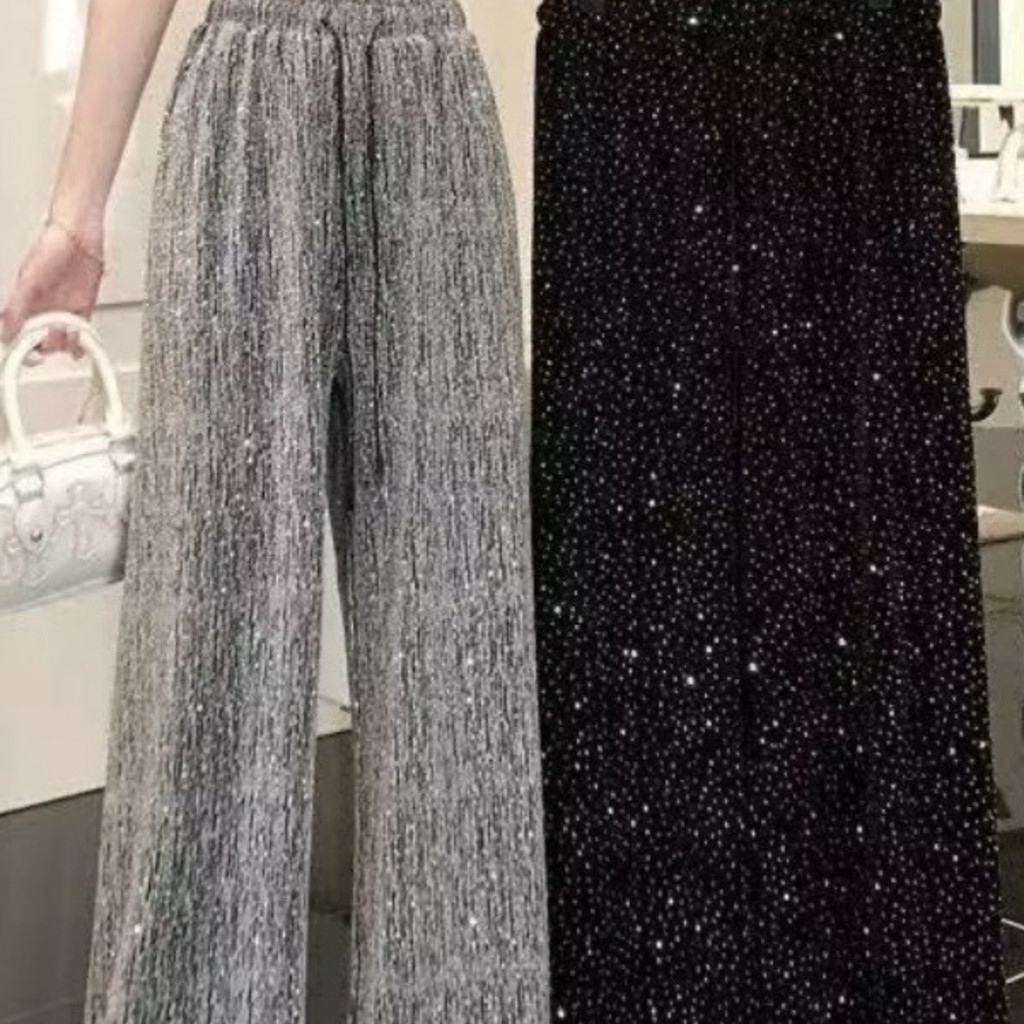 Happarelshopกางเกงขายาวผู้หญิงเเฟชั่นใหม่ สินค้าขายดี ขากว้างผ้าไหมน้ําแข็งกางเกงเชือกรูดปรับระดับได