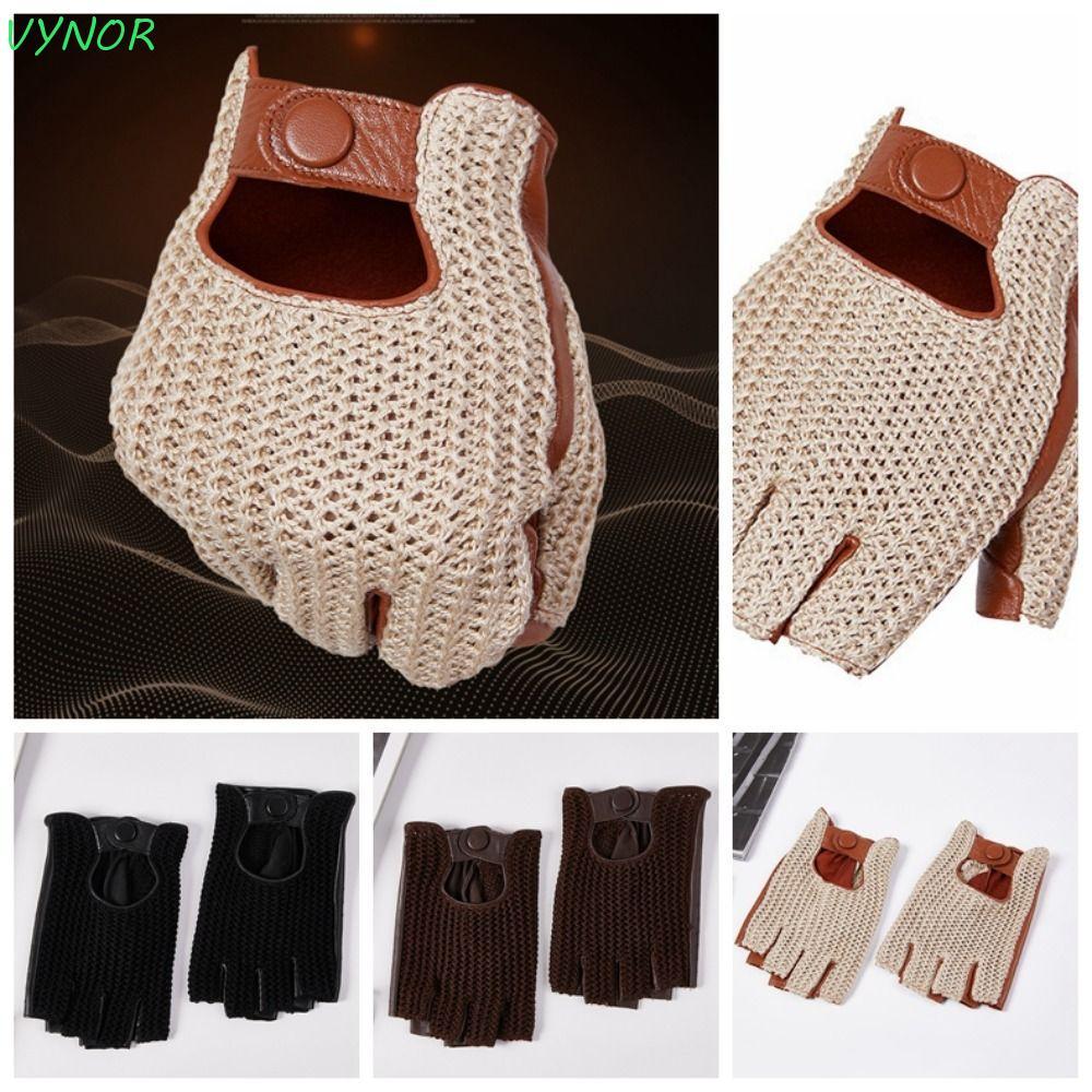VYNOR ถุงมือหนังแท้ครึ่งนิ้ว หนังแกะ ระบายอากาศ Unlined ขับรถกลางแจ้ง